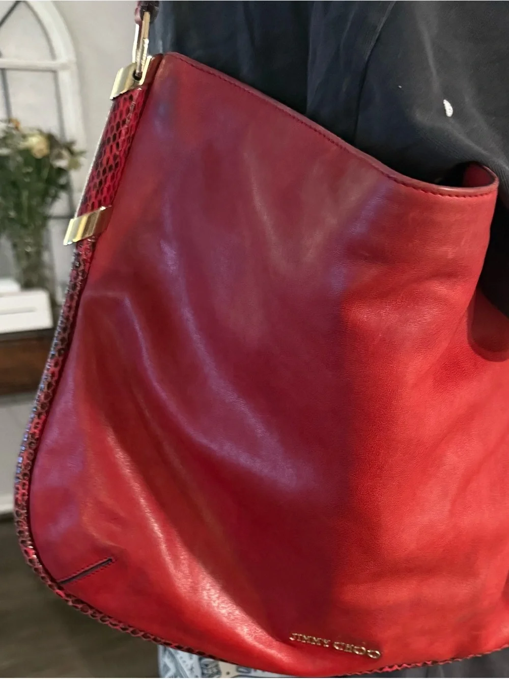 Jimmy Choo Solar Hobo Red Leather Exotic Snakeskin Trim Made Italy